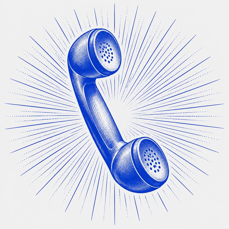 Gravírozott kék telefonkagyló sugárirányú vonalakkal
