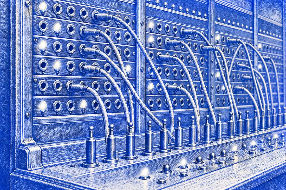 Gravírozott régi telefonközpont kapcsolótábla dugaszokkal